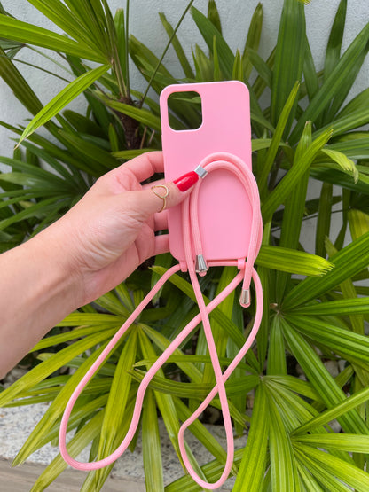 Case Iphone Crossbody Rosa lisa com alça regulavel